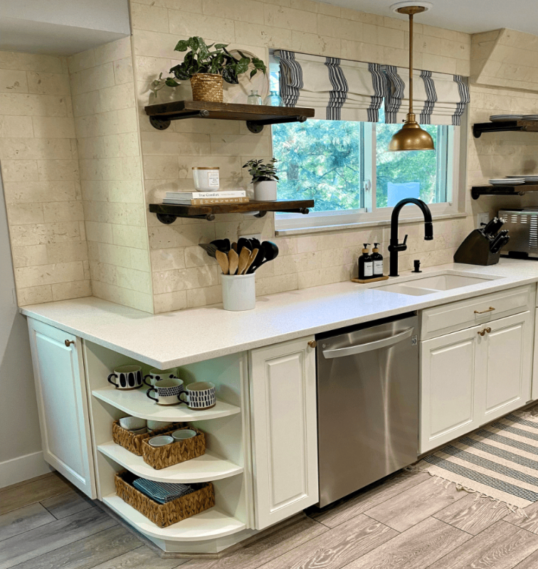 How to Decorate a Kitchen Cabinet with Open Shelves - All in Stripes How to Decorate a Kitchen Cabinet with Open Shelves - All in Stripes